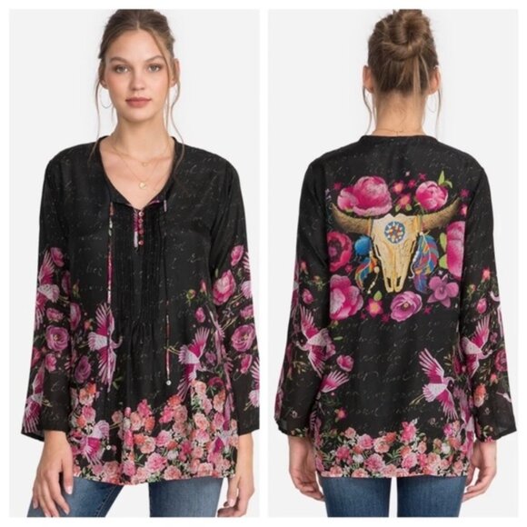 Johnny Was Tops - Johnny Was Nerissa 100% Silk Floral Longhorn Skull Tunic Blouse, Size Medium